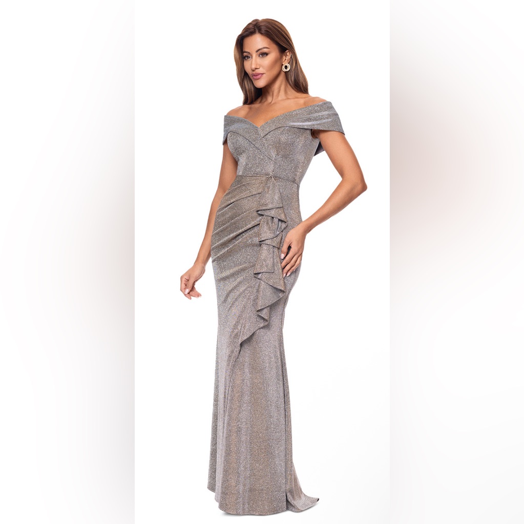 "Raveena" Long Foil Knit Off The Shoulder Floor Length Ruffle Dress Sz 8